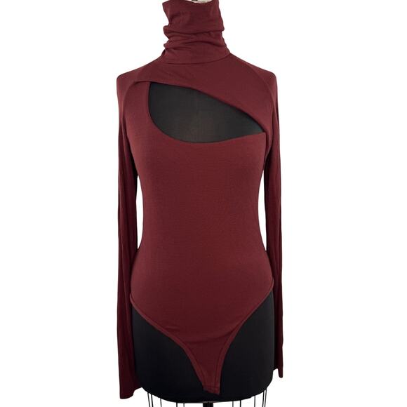 Alix NYC Carder Burgundy Bodysuit Stretch Ribbed Knit Turtleneck Size Large L - Picture 1 of 7